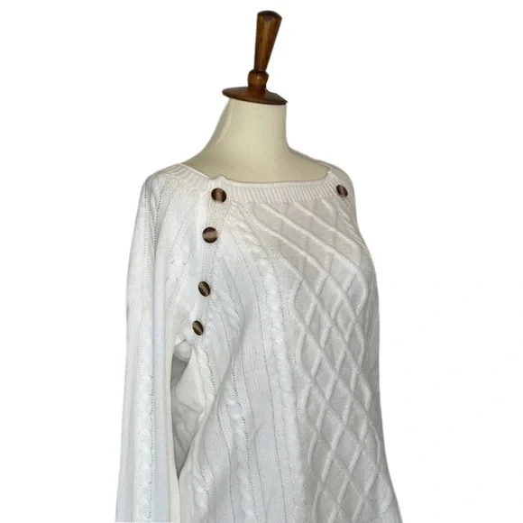 White Wide Neck Knit Pullover Sweater with Button Detail - Picture 11 of 16